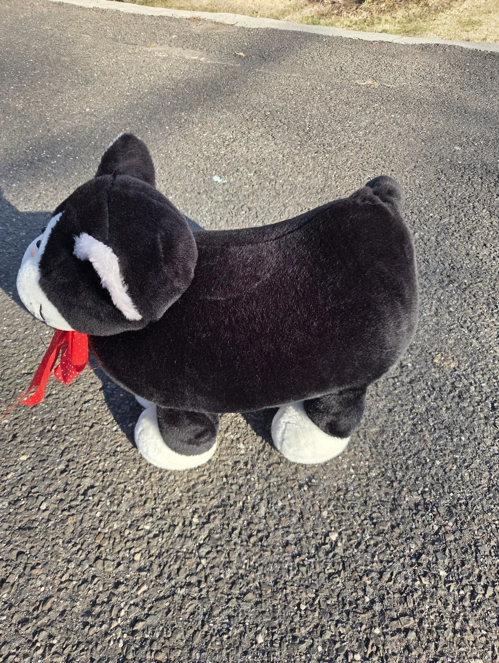 Vin CAT FOOT STOOL Black & White Plush Cat with Red Polka Dot Bow